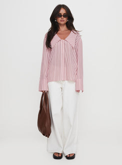 front view of model wearing Princess Polly Calistoga Deep Collar Shirt Pink Stripe Full Sleeves V-Neck 