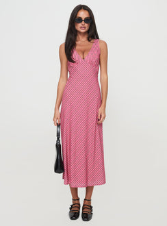 side view of model wearing Princess Polly Nellie Midi Dress Pink Check Plunger 