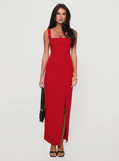 side view of model wearing Princess Polly Bombshell Maxi Dress Red Square Neck 