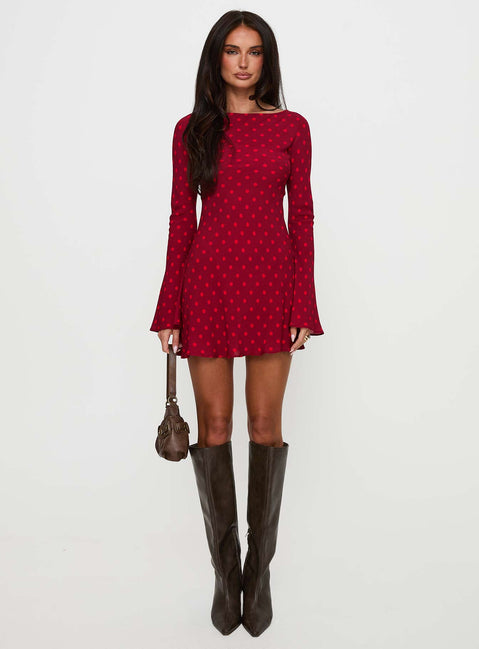 front view of model wearing Princess Polly Good Graces Long Sleeve Mini Dress Red Dot Boat Neck 