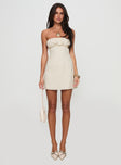 front view of model wearing Princess Polly Luvstruck Strapless Mini Dress Beige Tall Straight Neck 