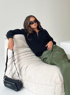 front view of model wearing Princess Polly Ferry Zip Front Sweater Black Lower Impact Cropped 