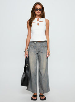 side view of model wearing Princess Polly Lifetimes Mid Rise Wide Leg Cargo Jeans Dark Blue Stripe Mid Rise Jeans 