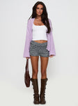 front view of model wearing Princess Polly Abner Cable Cardigan Lilac Long 