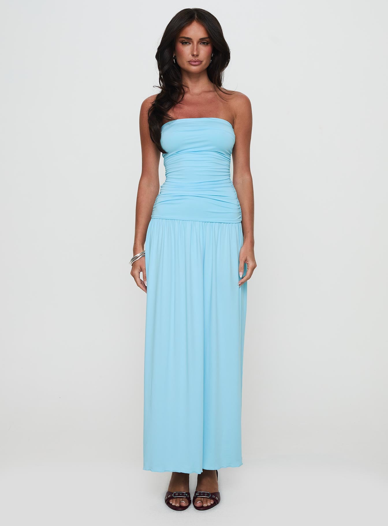front view of model wearing Princess Polly Glorie Strapless Maxi Dress Light Blue Petite Straight Neck 