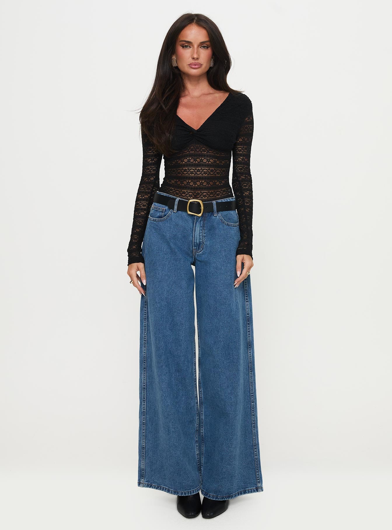 side view of model wearing Princess Polly Secret Of Us Off Shoulder Lace Bodysuit Black Full Sleeves 