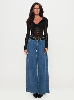 side view of model wearing Princess Polly Secret Of Us Off Shoulder Lace Bodysuit Black Full Sleeves 