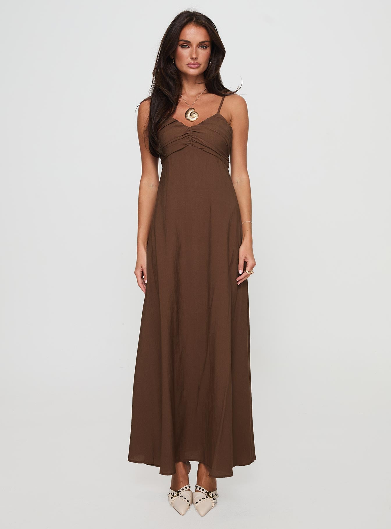 front view of model wearing Princess Polly Neeka Maxi Dress Brown V-Neck 