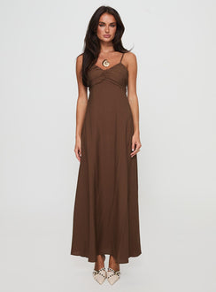 front view of model wearing Princess Polly Neeka Maxi Dress Brown V-Neck 