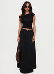   side view of model wearing Princess Polly Rennata Gathered Mid Rise Maxi Skirt Black Maxi 