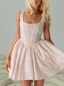 front view of model wearing Princess Polly Bridgitte Corset Mini Dress Floral Square Neck 