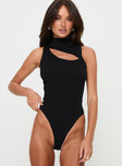 front view of model wearing Princess Polly Writer Bodysuit Black Sleeveless High Neck 