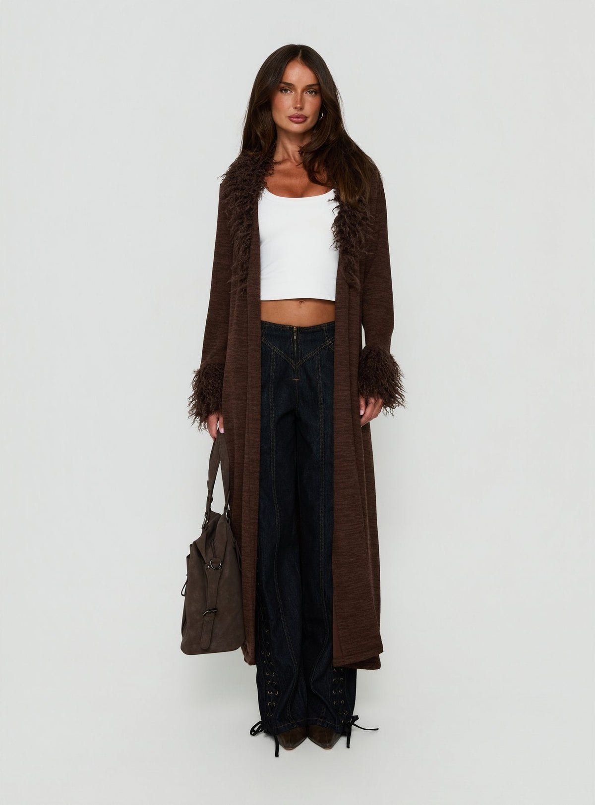 Marriah Longline Cardigan mit Webpelzbesatz Schoko