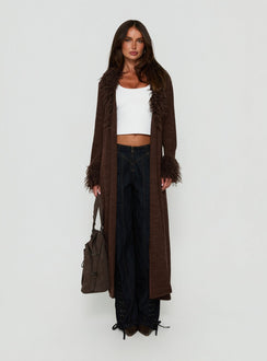 Marriah Longline Cardigan mit Webpelzbesatz Schoko