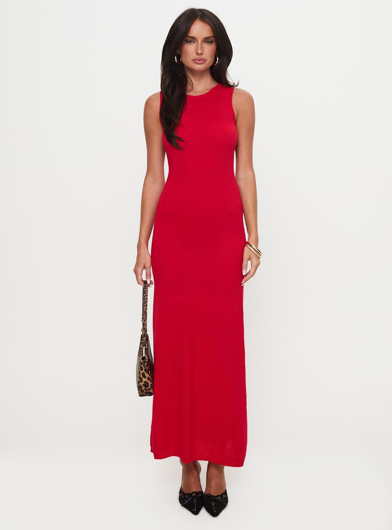front view of model wearing Princess Polly Maebie Knit Maxi Dress Red Crew Neck 