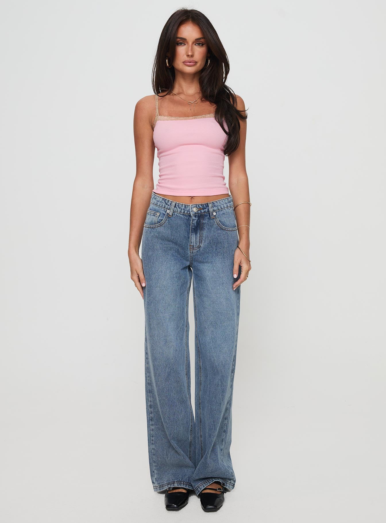 front view of model wearing Princess Polly Purnama Top Pink Sleeveless Square Neck 