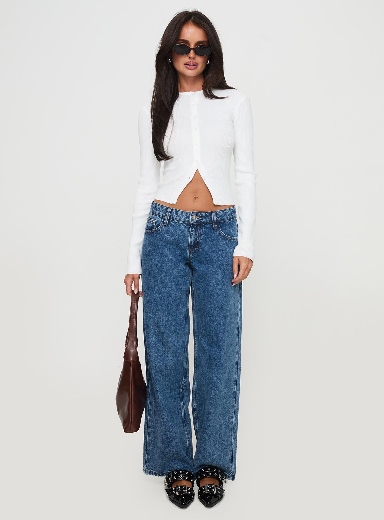 side view of model wearing Princess Polly Suzu Long Sleeve Top White Full Sleeves High Neck 