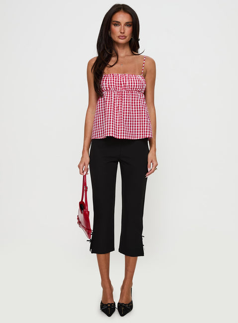front view of model wearing Princess Polly Mirabellah Frill Top Red Gingham Sleeveless Square Neck 