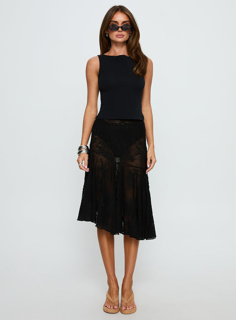   front view of model wearing Princess Polly Mellissa Sheer Textured Midi Skirt Black 