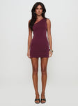 front view of model wearing Princess Polly Ponderosa Asymmetrical Hardware Mini Dress Mulberry Asymmetric Neckline 