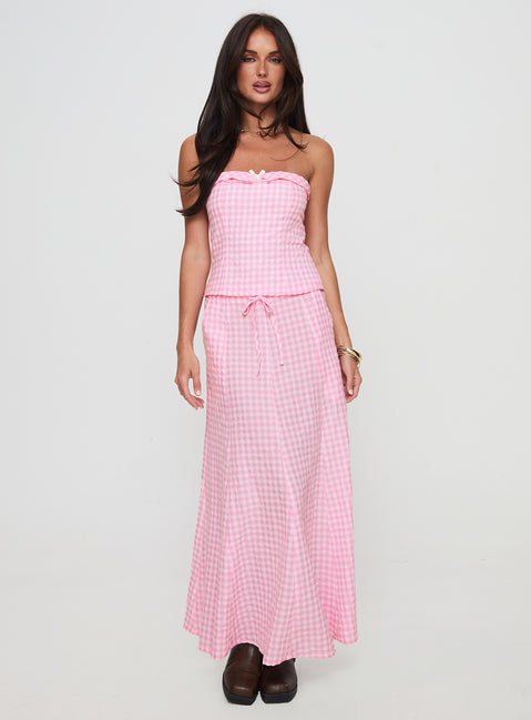 front view of model wearing Princess Polly Carmino Strapless Top Pink Check Sleeveless straight 