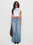 front view of model wearing Princess Polly Ringer Low Rise Wide Leg Jeans Blue Mid Rise 