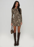 front view of model wearing Princess Polly Carnal Mini Dress Leopard Boat Neck 