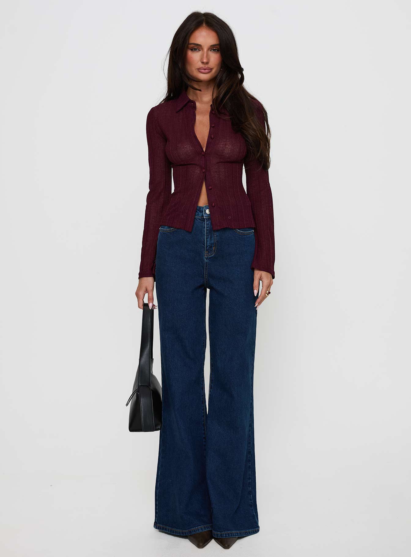 front view of model wearing Princess Polly When You Sleep Long Sleeve Top Wine Full Sleeves V-Neck 