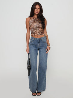 front view of model wearing Princess Polly Everlong Jean Mid Blue Wash High Waisted 