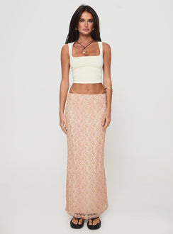   front view of model wearing Princess Polly Gallego Lace Maxi Skirt Pink Maxi 