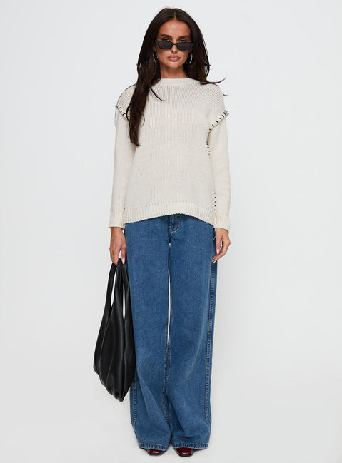 side view of model wearing Princess Polly Change The Weather Contrast Stitch Knit Sweater Cream Cropped 