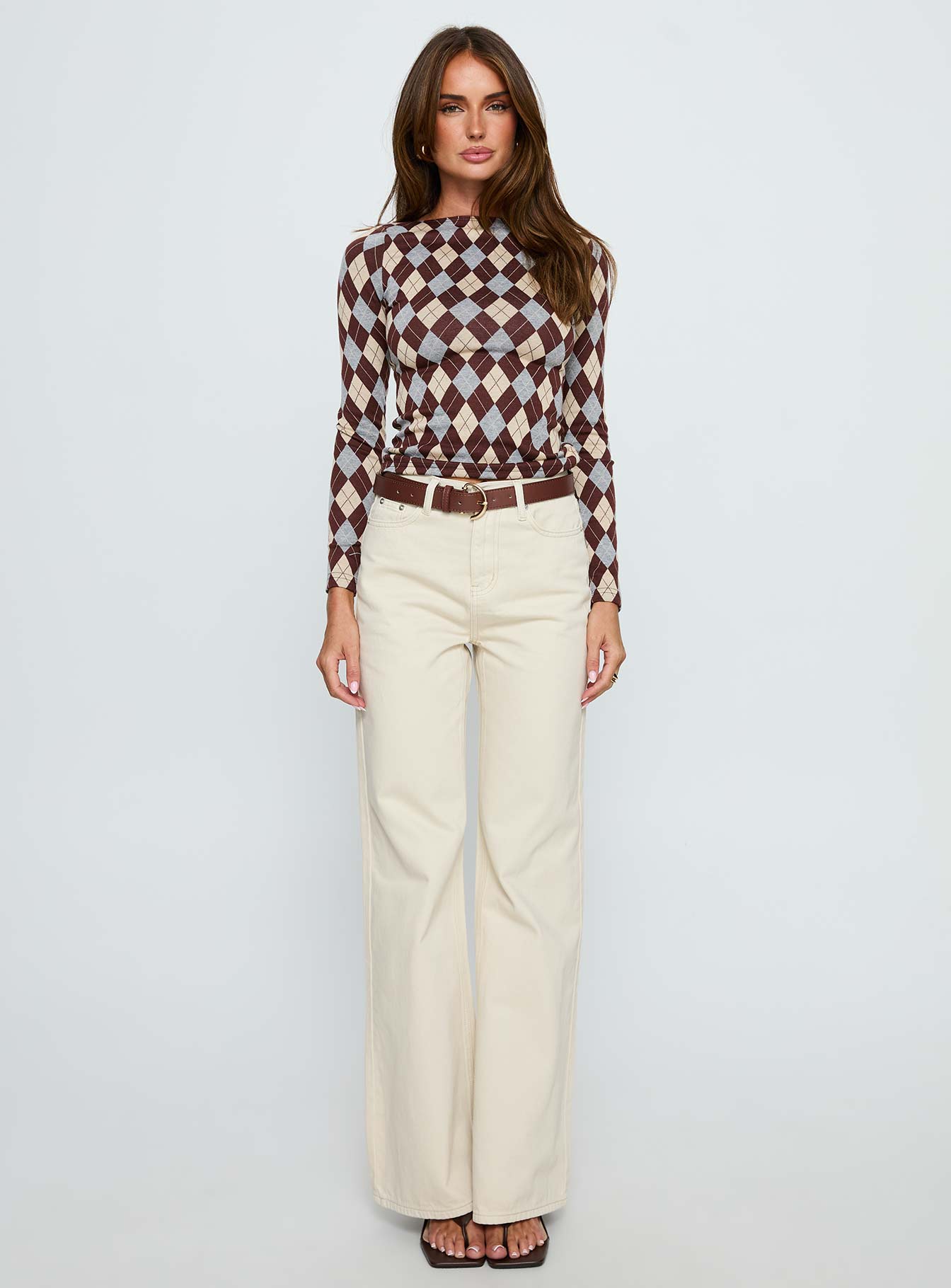 Shonna Boat Neck Long Sleeve Top Argyle