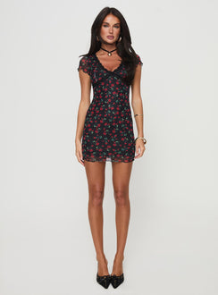 front view of model wearing Princess Polly Paprika Mini Dress Black V-Neck 