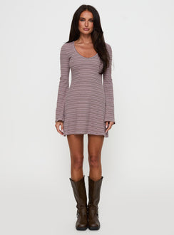 front view of model wearing Princess Polly Best Interest Long Sleeve Mini Dress Pink / Brown Scoop Neck 