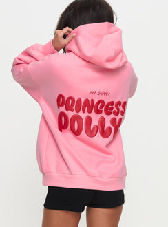 back view of model wearing Princess Polly Princess Polly Hooded Sweatshirt Bubble Text Pink / Red Long 