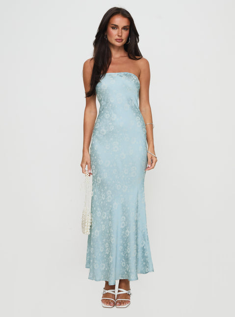 back view of model wearing Princess Polly Salvin Strapless Maxi Dress Blue Straight Neck 