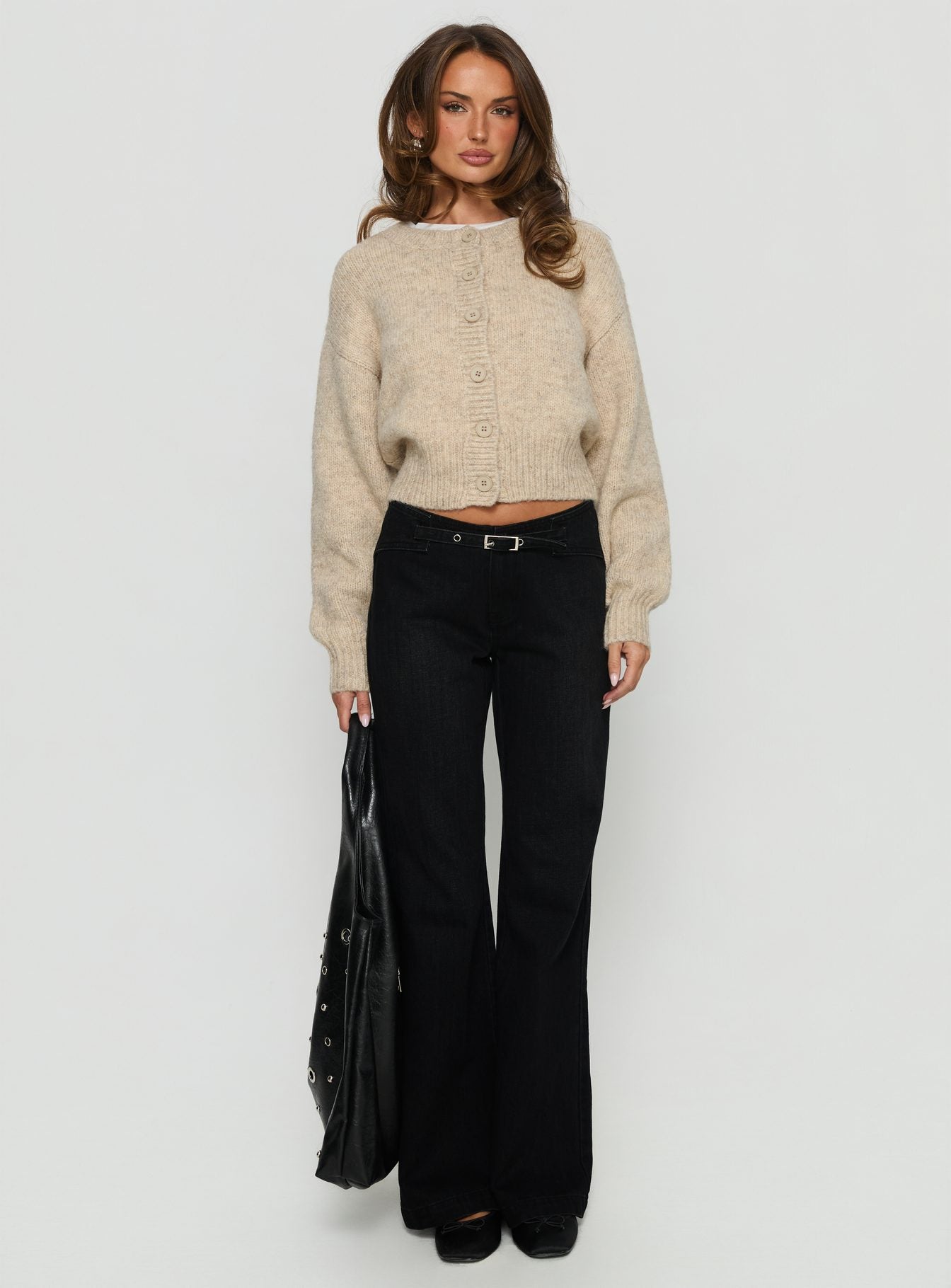 back view of model wearing Princess Polly Trevonn Button Up Knit Cardigan Beige Cropped Jumpers 