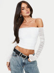 front view of model wearing Princess Polly Hartford Off The Shoulder Top White Full Sleeves straight 