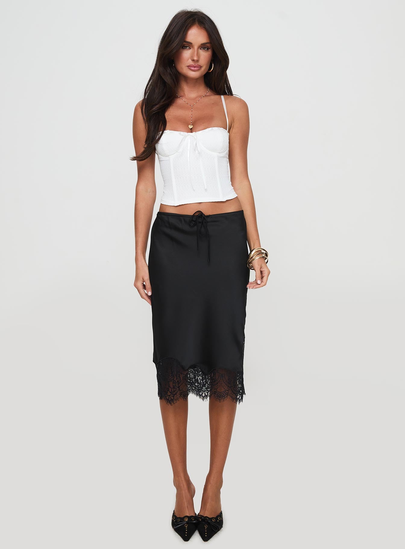   front view of model wearing Princess Polly Gervais Satin Midi Skirt Black Midi Skirts 