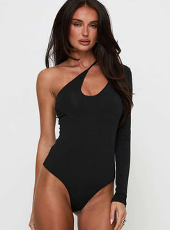 side view of model wearing Princess Polly Play Pretend One Sleeve Bodysuit Black Full Sleeves 