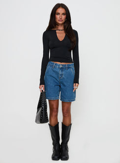 back view of model wearing Princess Polly Layna Long Sleeve Plunge Neck Top Black Full Sleeves V-Neck 