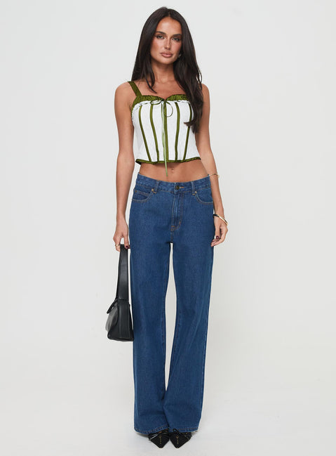 front view of model wearing Princess Polly Jiraia Lace Corset Top White / Green Sleeveless Sweetheart 