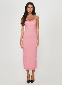 front view of model wearing Princess Polly Prospero Maxi Dress Pink Scoop Neck 