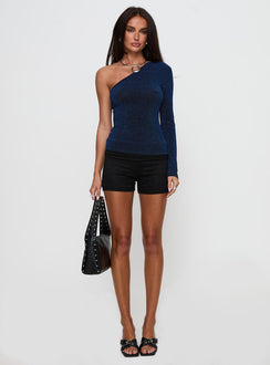 back view of model wearing Princess Polly Dance All Night One Sleeve Top Navy Glitter Sleeveless Asymmetric Neckline 