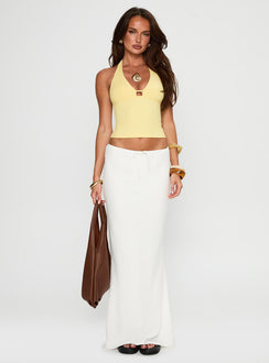 side view of model wearing Princess Polly Impress Me Halter Top Lemon Sleeveless Plunger 