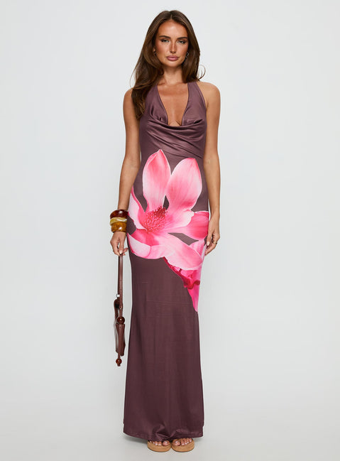 Raleina Halter Cowl Neck Maxi Dress Brown Floral