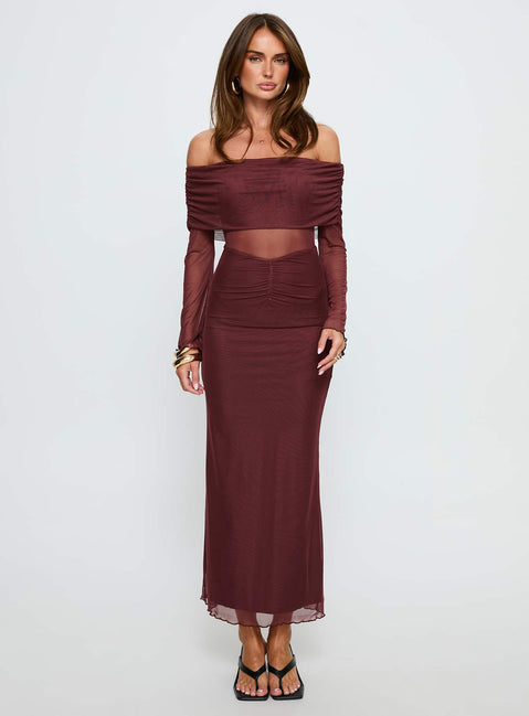 Velouria Off Shoulder Long Sleeve Maxi Dress Brown
