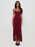 front view of model wearing Princess Polly Rumours Slippy Burnout Maxi Dress Burgundy Sweetheart Neckline 