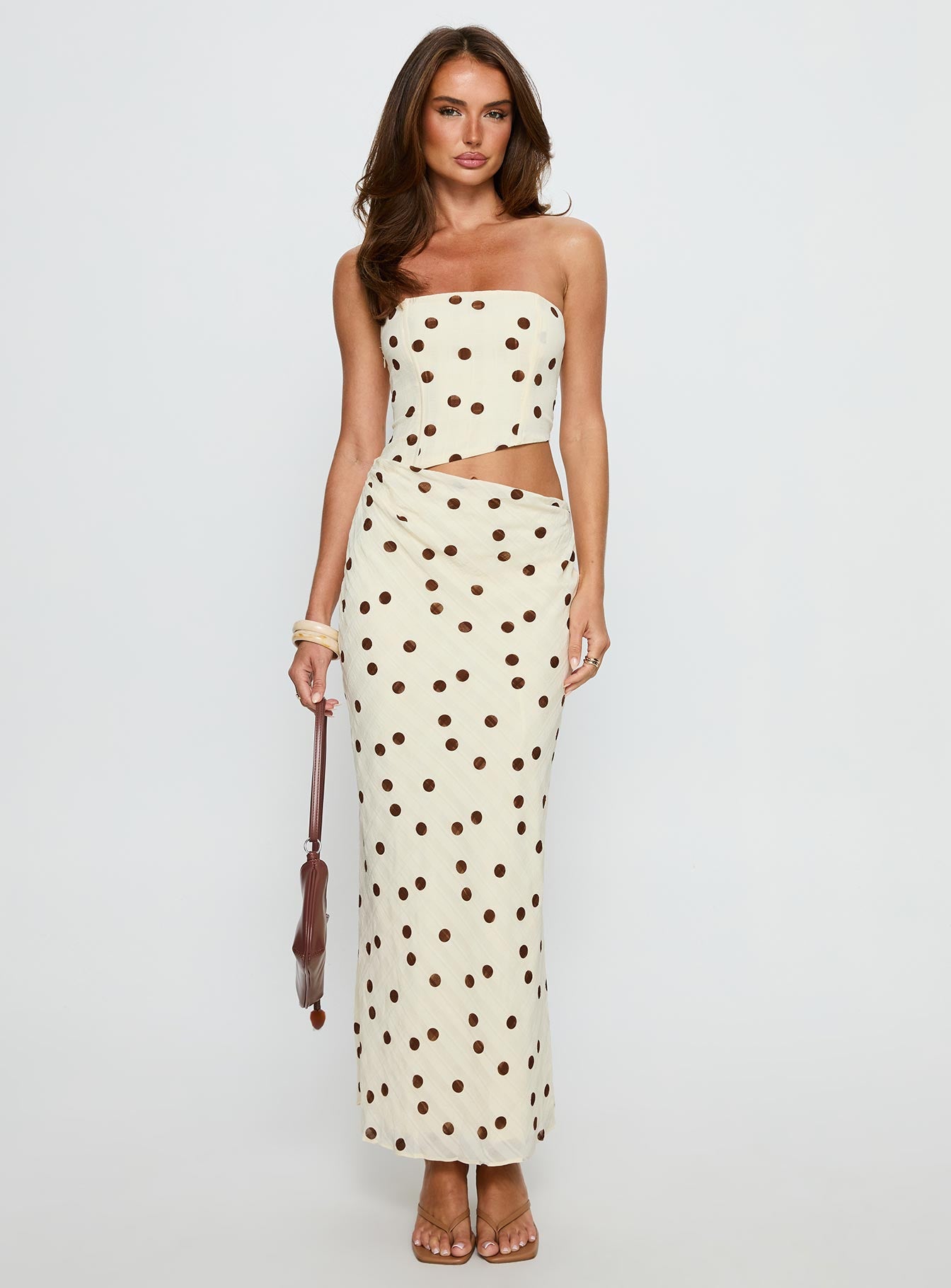 Jasira Strapless Drape Maxi Dress Cream Polka Dot