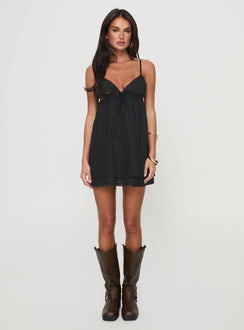 front view of model wearing Princess Polly Svensson Mini Dress Black Plunger 